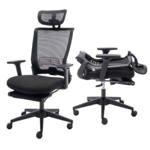 foldable ergonomic office chair with footrest, high back computer chair with 2d headrest, mesh back, sponge seat, adjustable lumbar support, 2d armrest, home office desk chair, black