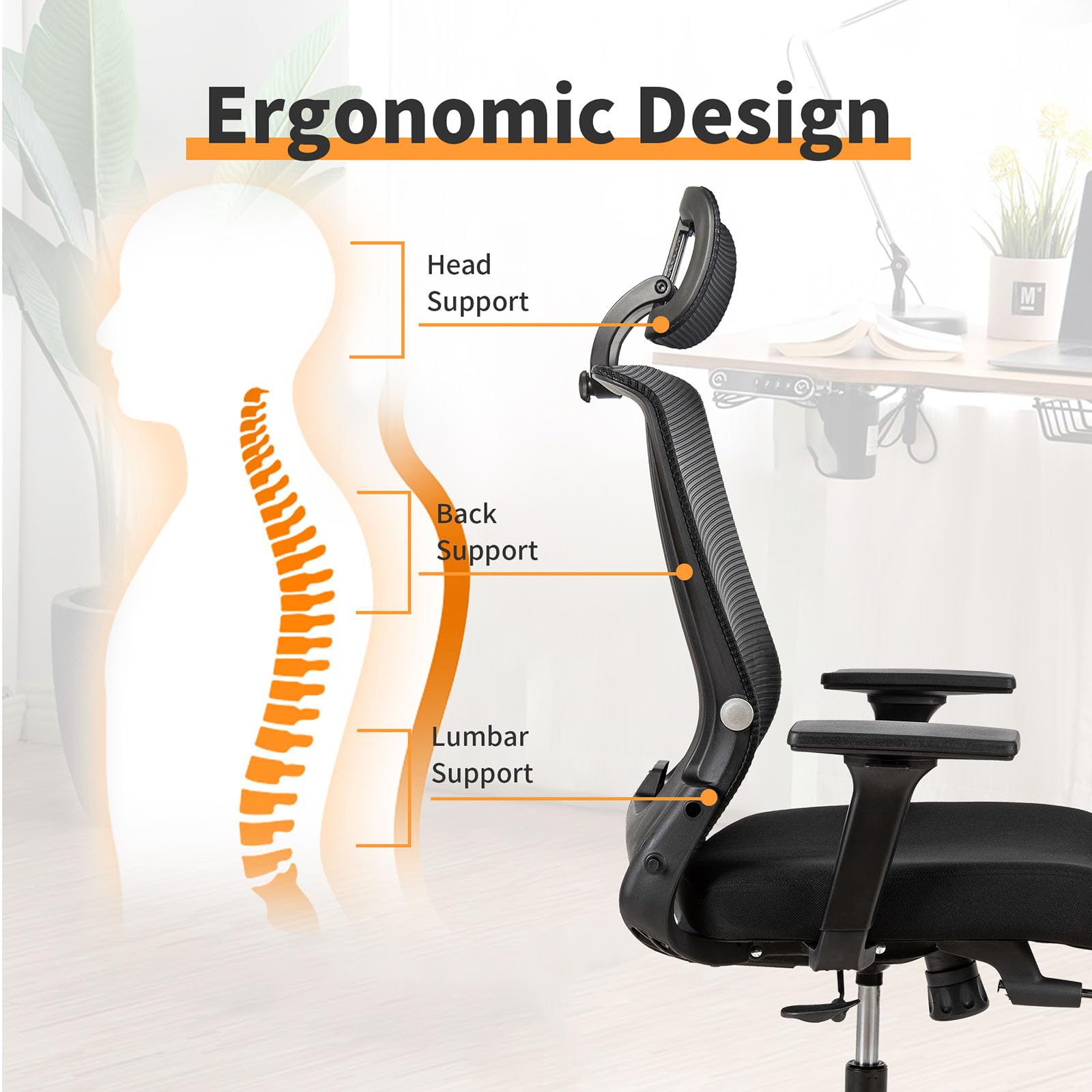 Foldable Ergonomic Office Chair with Footrest, High Back Computer Chair with 2D Headrest, Mesh Back, Sponge Seat, Adjustable Lumbar Support, 2D Armrest, Home Office Desk Chair, Black