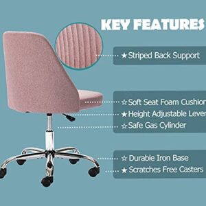 edx Home Office Desk Chair, Vanity Chair, Modern Adjustable Low Back Rolling Chair, Twill Upholstered Cute Office Chair, Desk Chairs with Wheels for Bedroom, Classroom, Vanity Room (Rose Pink)