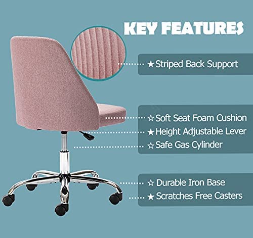 edx Home Office Desk Chair, Vanity Chair, Modern Adjustable Low Back Rolling Chair, Twill Upholstered Cute Office Chair, Desk Chairs with Wheels for Bedroom, Classroom, Vanity Room (Rose Pink)