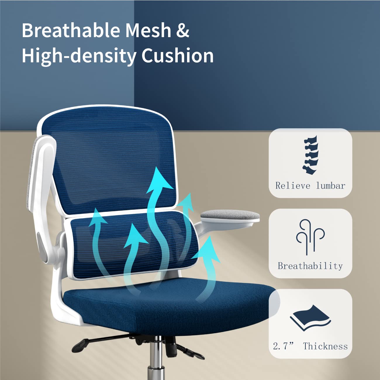 Logicfox Ergonomic Office Chair, Desk Chair with Flip-up Arms, 2D Lumbar Support, Breathable Mesh Computer Chair with Thick Cushion, Comfortable Office Chair with 90°-130° Tilt Function