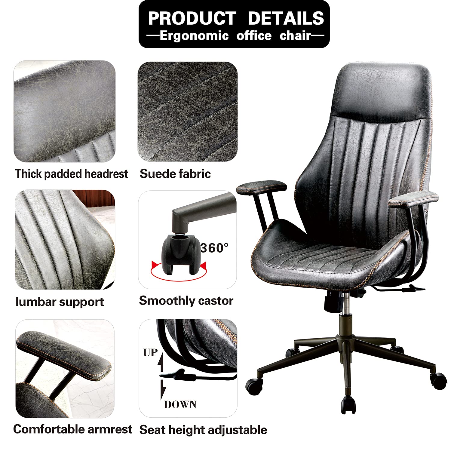 XIZZI Ergonomic Chair Office Computer Chair Executive High Back Home Office Desk Chairs with Armrest Lumbar Support (Dark Grey)