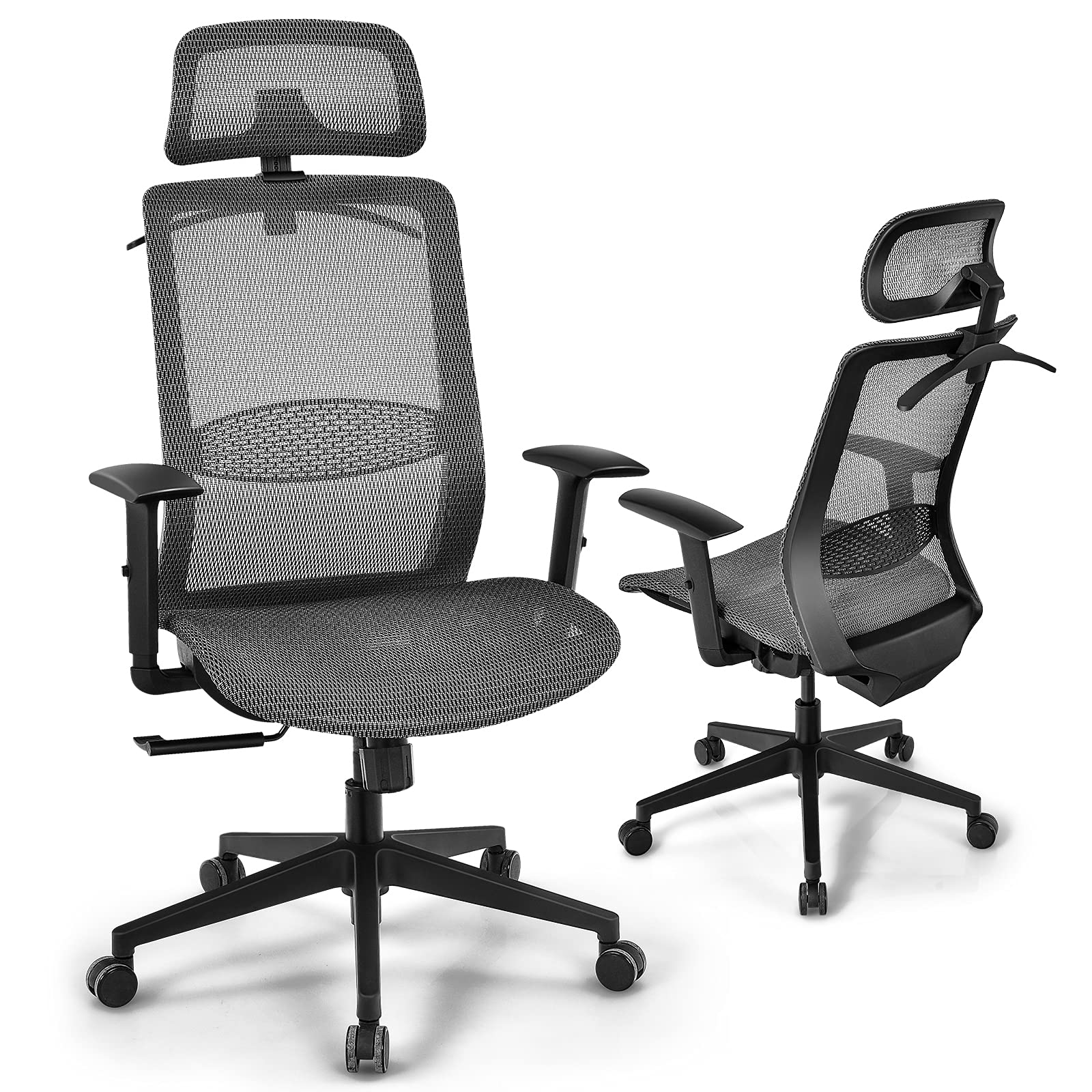 GOFLAME Ergonomic Mesh Office Chair, Swivel Executive Chair with Reclining High Backrest, Rotatable Headrest, Clothes Hanger and Lumbar Support, Height Adjustable Computer Desk Chair (Gray)