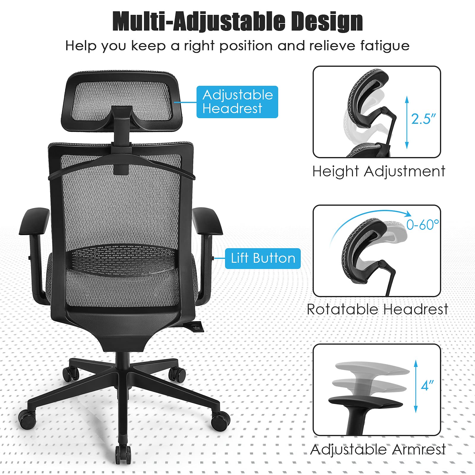 GOFLAME Ergonomic Mesh Office Chair, Swivel Executive Chair with Reclining High Backrest, Rotatable Headrest, Clothes Hanger and Lumbar Support, Height Adjustable Computer Desk Chair (Gray)