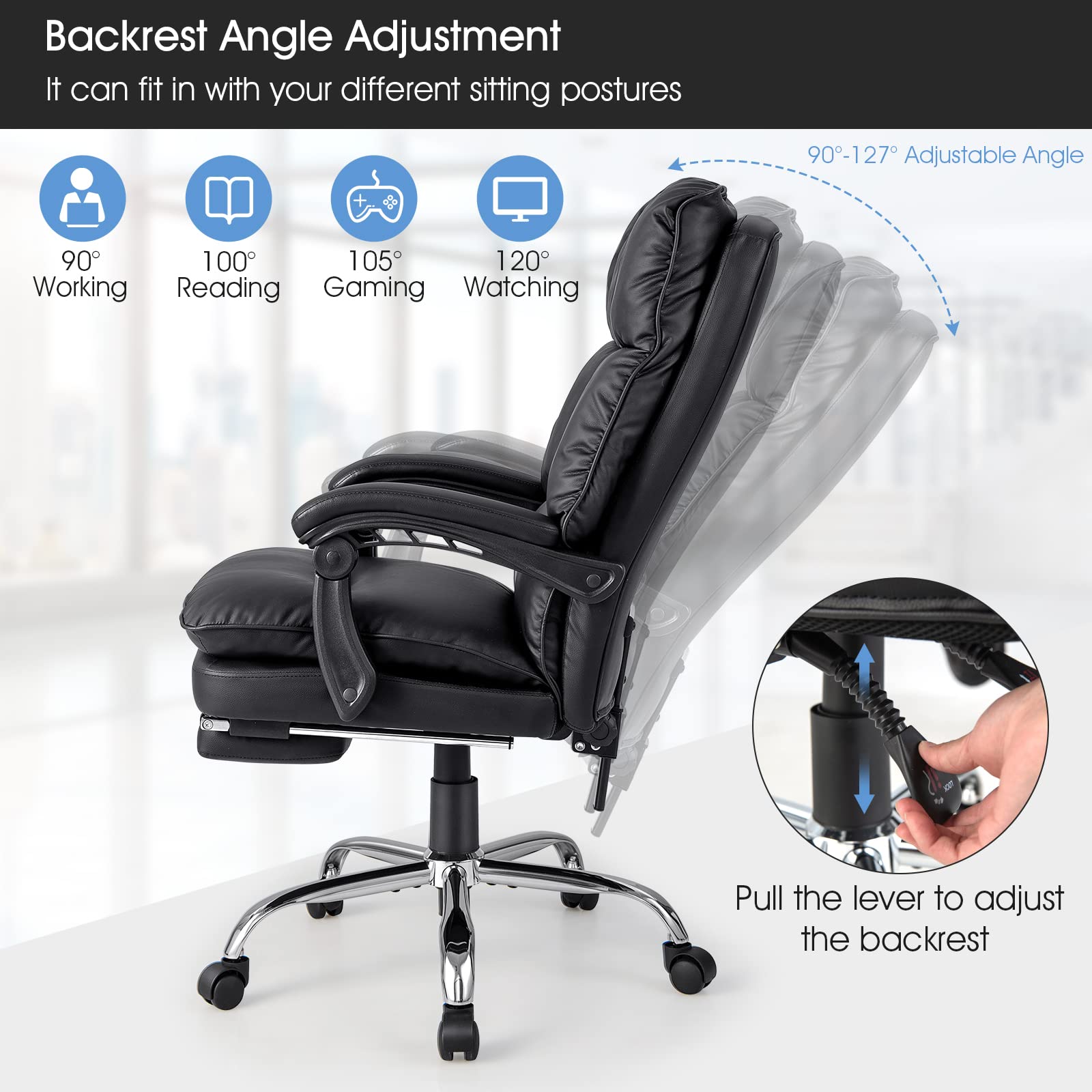 Giantex Ergonomic Office Chair with Footrest, PU Leather Reclining Chair with Padded Armrests & Soft Cushioned, Executive Office Chair, Adjustable Swivel Computer Desk Chair for Home Office, Black