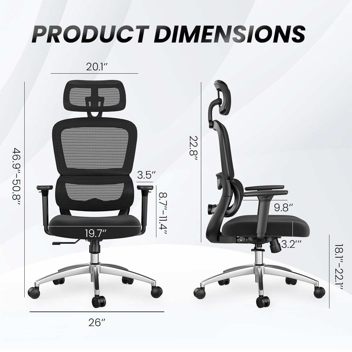 Soohow Ergonomic Home Office Chair,Ergonomic Desk Chair with Back Support,3D Armrest and Adjustable Headrest,High Back Mesh Office Chair for Heavy People,Black