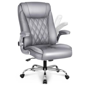 neo chair office chair computer high back adjustable flip-up armrests ergonomic desk chair executive diamond-stitched pu leather swivel task chair with armrests lumbar support (grey)