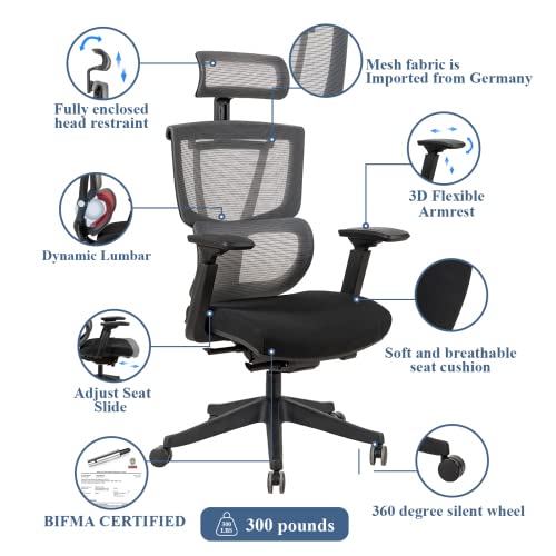 Ergonomic Office Chair, Office Chair High Back, Mesh Computer Chair with Lumbar Support, 3D Armrest, Double Backrest and Adjustable Headrest