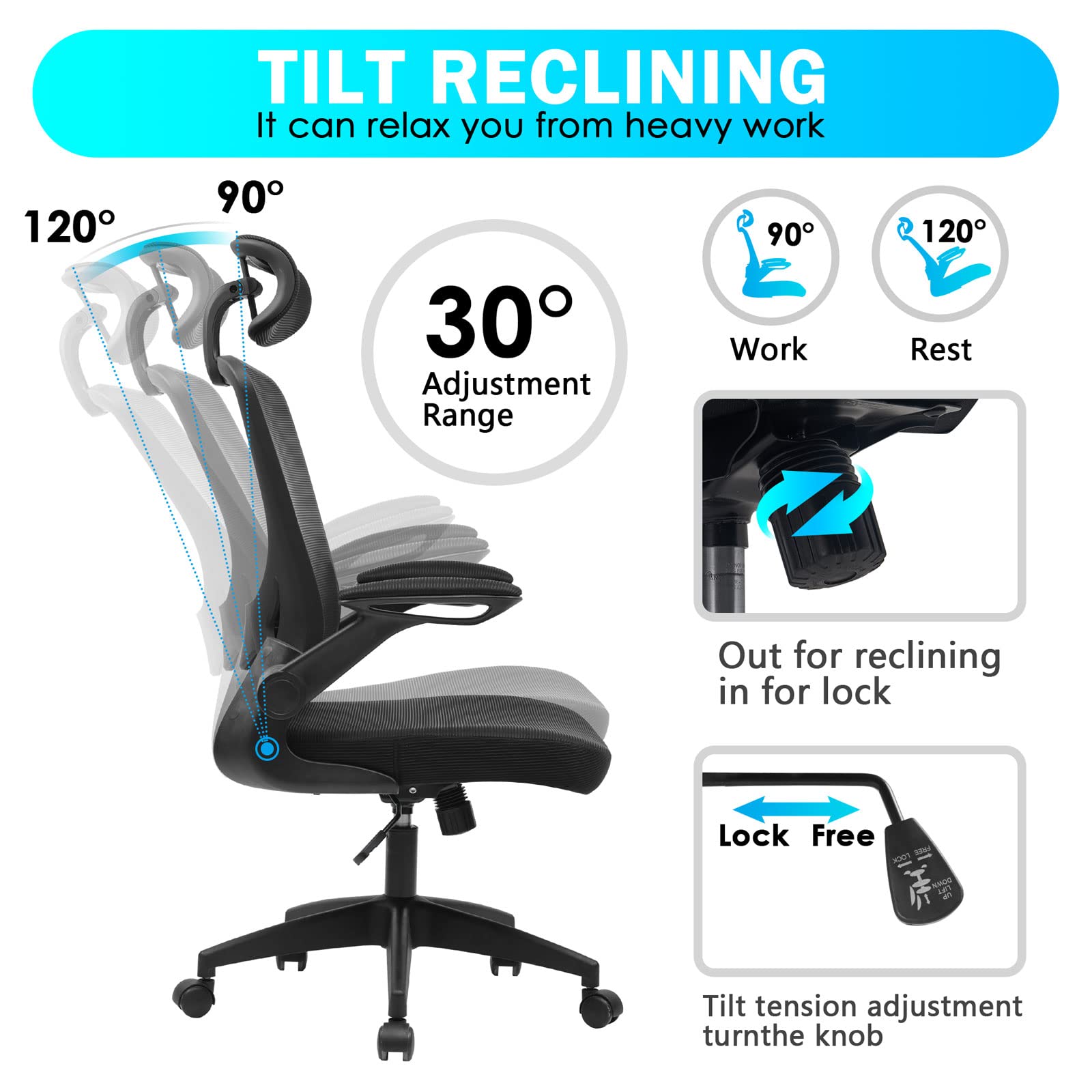 COLOY Ergonomic Office Chair, Breathable Mesh Desk Chair, Lumbar Support Computer Chair with Headrest and Flip-up Arms, Swivel Task Chair, Adjustable Height Gaming Chair(Black)(9060H,Black)