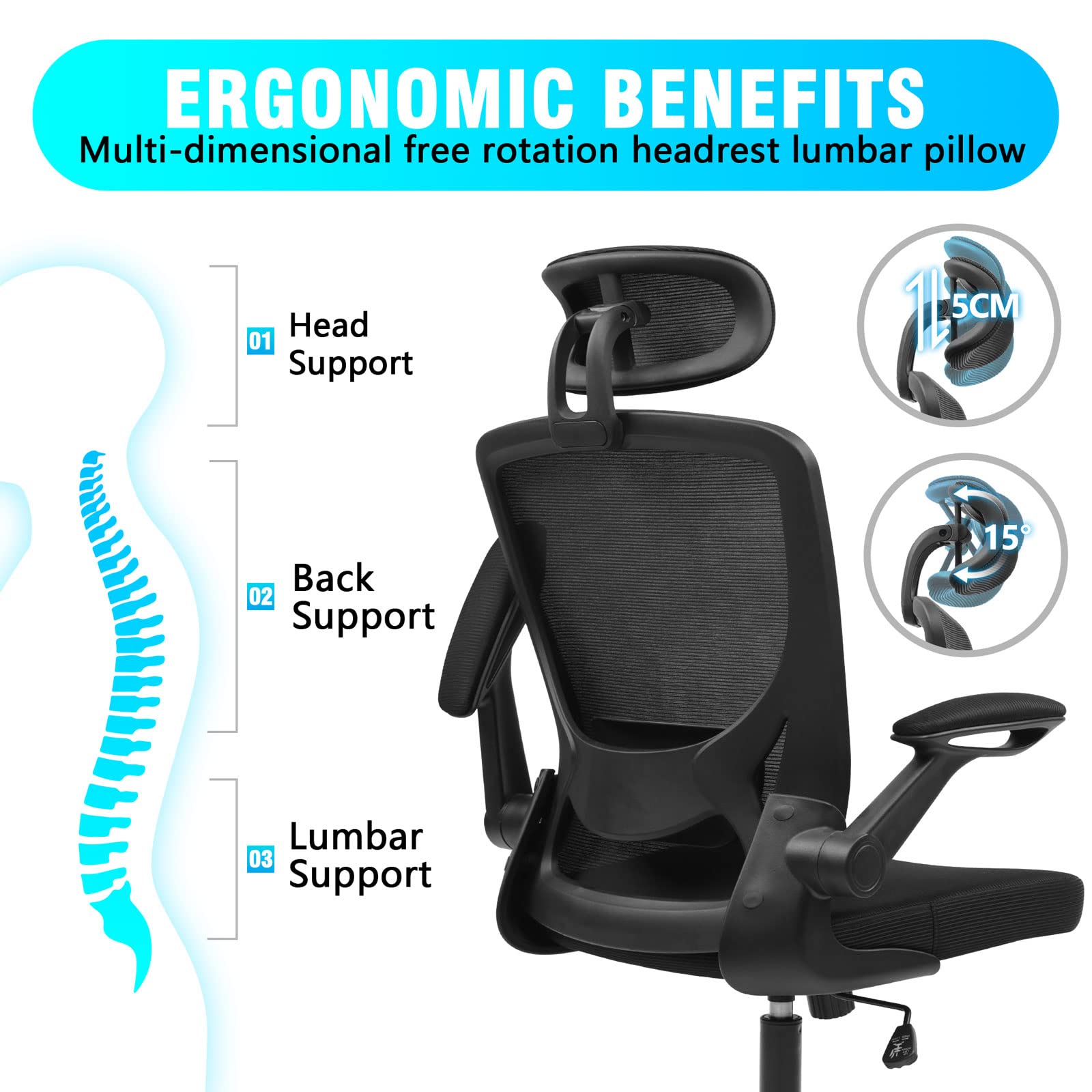 COLOY Ergonomic Office Chair, Breathable Mesh Desk Chair, Lumbar Support Computer Chair with Headrest and Flip-up Arms, Swivel Task Chair, Adjustable Height Gaming Chair(Black)(9060H,Black)