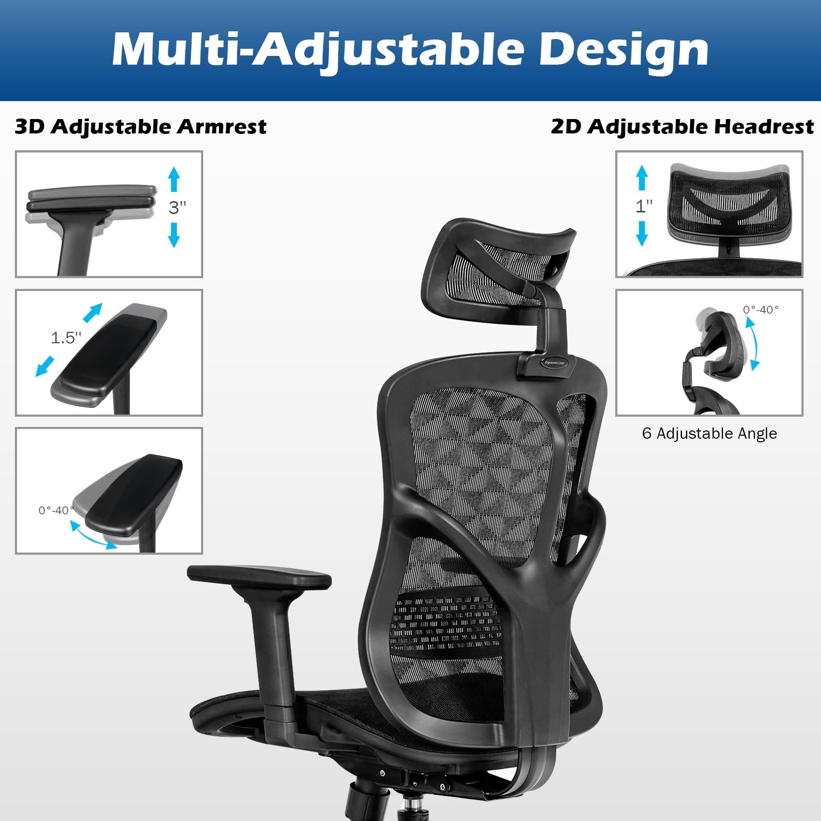 Ergonomic Office Chair, High Back Office Chair with Adjustable Lumbar Support Comfortable Thick Cushion Computer Desk Chair Wide Headrest & Reclining Task Chair 3D Armrest Ergonomic Chairs