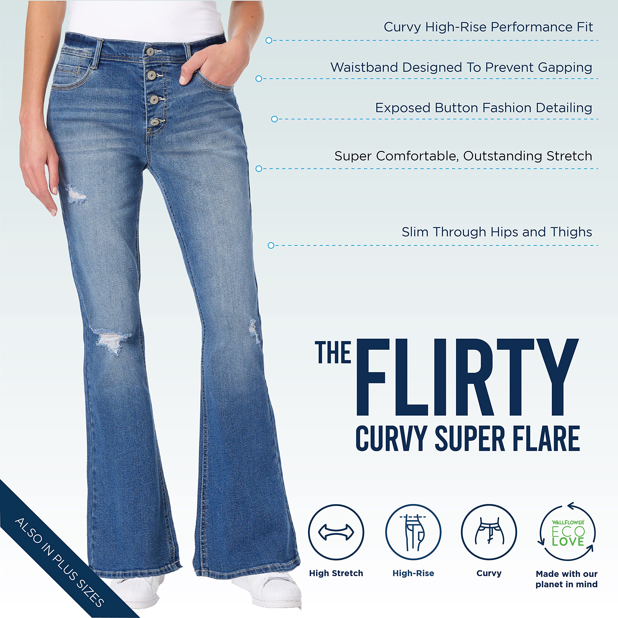 WallFlower Women's Flirty Curvy Super Flare High Rise Insta Stretch Juniors Jeans, Joelle, 1
