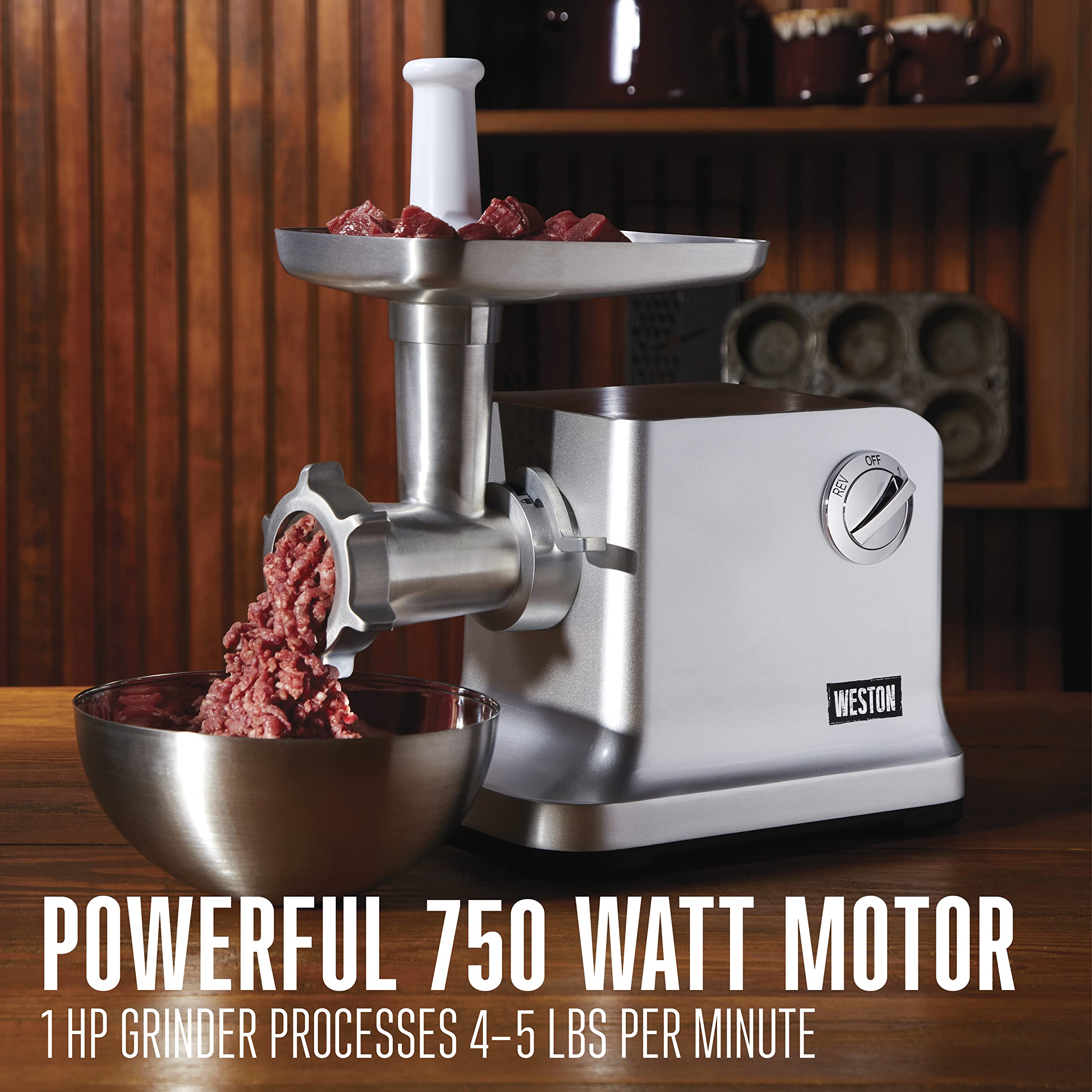 Weston Electric Meat Grinder & Sausage Stuffer, #12 750 Watt, 1 HP Motor, Grinds 4 lbs Per Minute, Silver (33-1301-W)