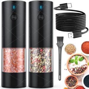 2Pack Electric Salt and Pepper Grinder Set USB Rechargeable with Warm LED Light, Adjustable Coarseness Lidaop Large Capacity Automatic Salt Pepper Mill Grinder for Kitchen, Restaurant, Outdoor, Black