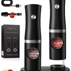 FORLIM Rechargeable Salt and Pepper Grinder Set with USB Base, Automatic Electric Pepper Mill, Adjustable Coarseness, with White LED Light, High Speed Grinding, One Hand Operation, 2 Mills