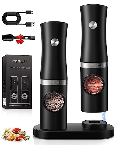 FORLIM Rechargeable Salt and Pepper Grinder Set with USB Base, Automatic Electric Pepper Mill, Adjustable Coarseness, with White LED Light, High Speed Grinding, One Hand Operation, 2 Mills