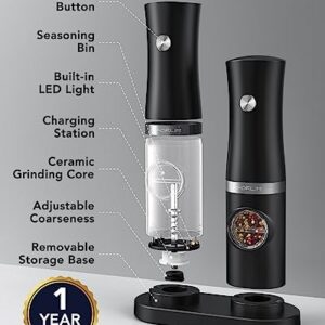 FORLIM Rechargeable Salt and Pepper Grinder Set with USB Base, Automatic Electric Pepper Mill, Adjustable Coarseness, with White LED Light, High Speed Grinding, One Hand Operation, 2 Mills