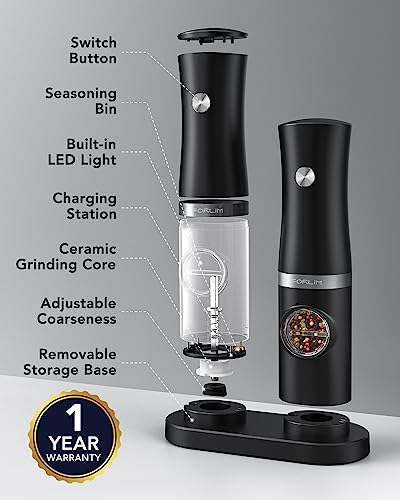 FORLIM Rechargeable Salt and Pepper Grinder Set with USB Base, Automatic Electric Pepper Mill, Adjustable Coarseness, with White LED Light, High Speed Grinding, One Hand Operation, 2 Mills