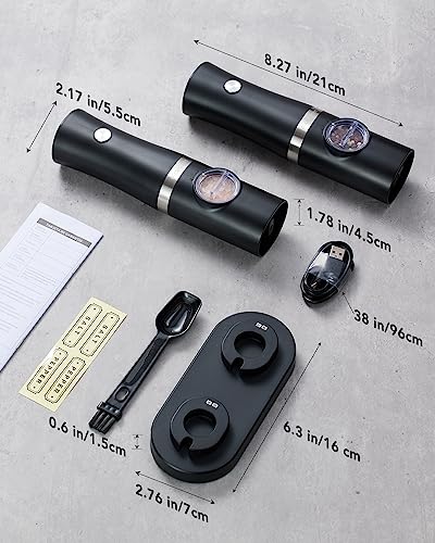 FORLIM Rechargeable Salt and Pepper Grinder Set with USB Base, Automatic Electric Pepper Mill, Adjustable Coarseness, with White LED Light, High Speed Grinding, One Hand Operation, 2 Mills