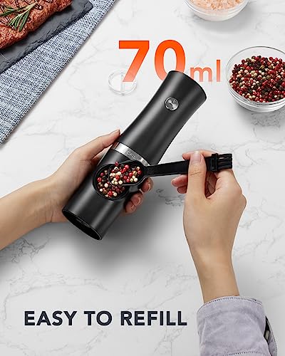 FORLIM Rechargeable Salt and Pepper Grinder Set with USB Base, Automatic Electric Pepper Mill, Adjustable Coarseness, with White LED Light, High Speed Grinding, One Hand Operation, 2 Mills