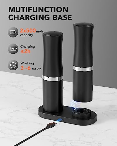 FORLIM Rechargeable Salt and Pepper Grinder Set with USB Base, Automatic Electric Pepper Mill, Adjustable Coarseness, with White LED Light, High Speed Grinding, One Hand Operation, 2 Mills