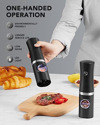 FORLIM Rechargeable Salt and Pepper Grinder Set with USB Base, Automatic Electric Pepper Mill, Adjustable Coarseness, with White LED Light, High Speed Grinding, One Hand Operation, 2 Mills