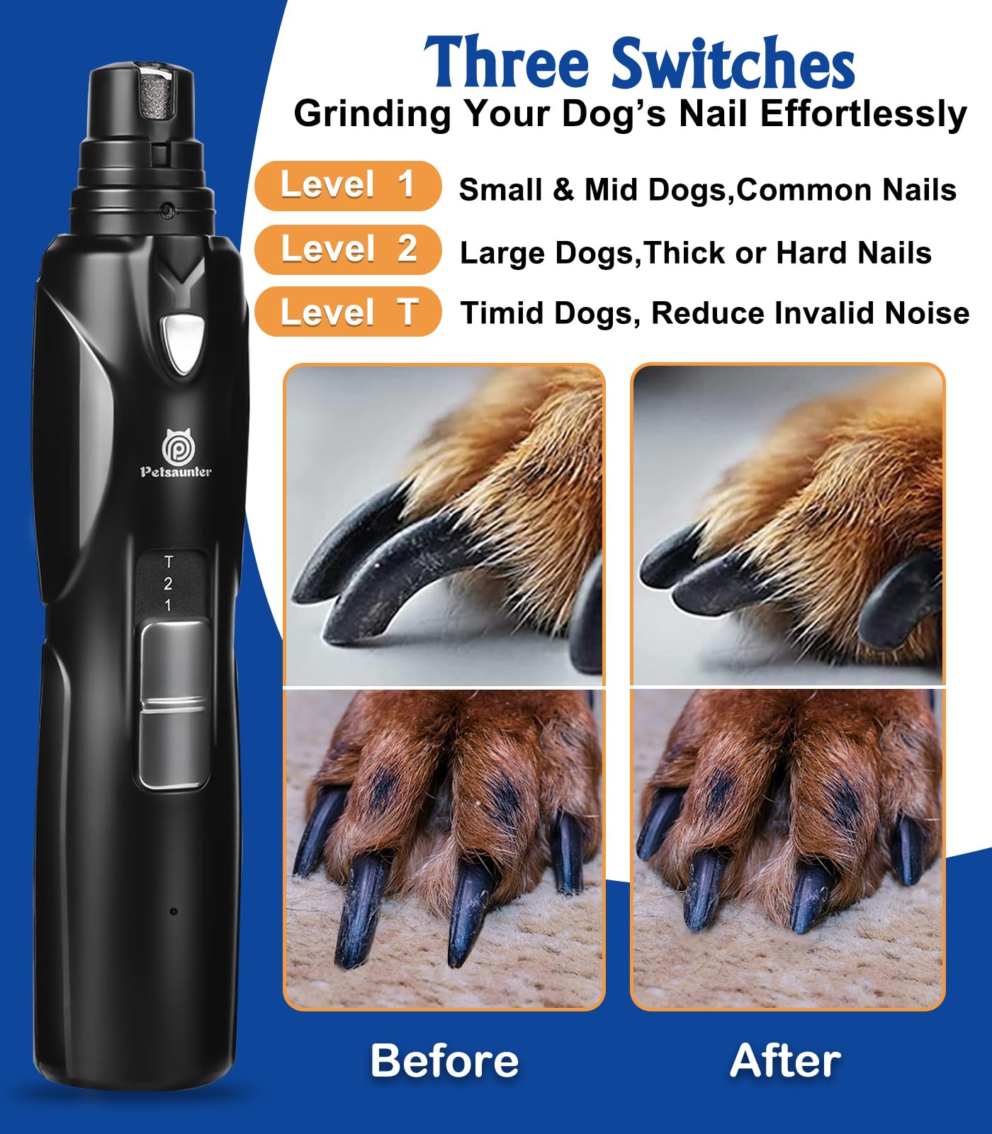 Petsaunter Dog Nail Grinder, 2-Speed and LED Light, Powerful Touch-Switch, Quiet and Low-Vibration Dog Nail Trimmers, and 3 Ports for Large Dogs, Medium, Small Dogs Cats Pets with Hard or Thick Nail