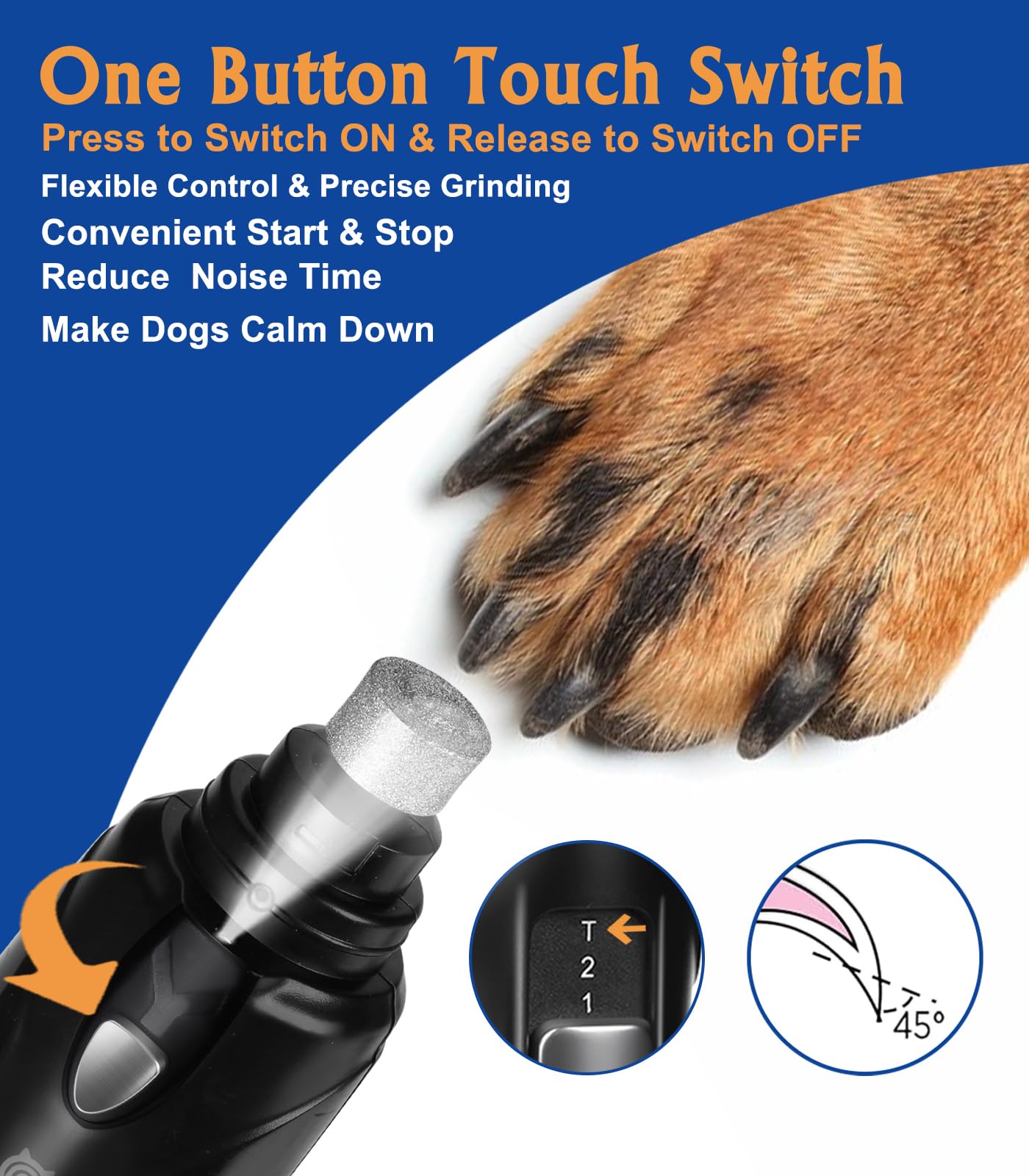 Petsaunter Dog Nail Grinder, 2-Speed and LED Light, Powerful Touch-Switch, Quiet and Low-Vibration Dog Nail Trimmers, and 3 Ports for Large Dogs, Medium, Small Dogs Cats Pets with Hard or Thick Nail