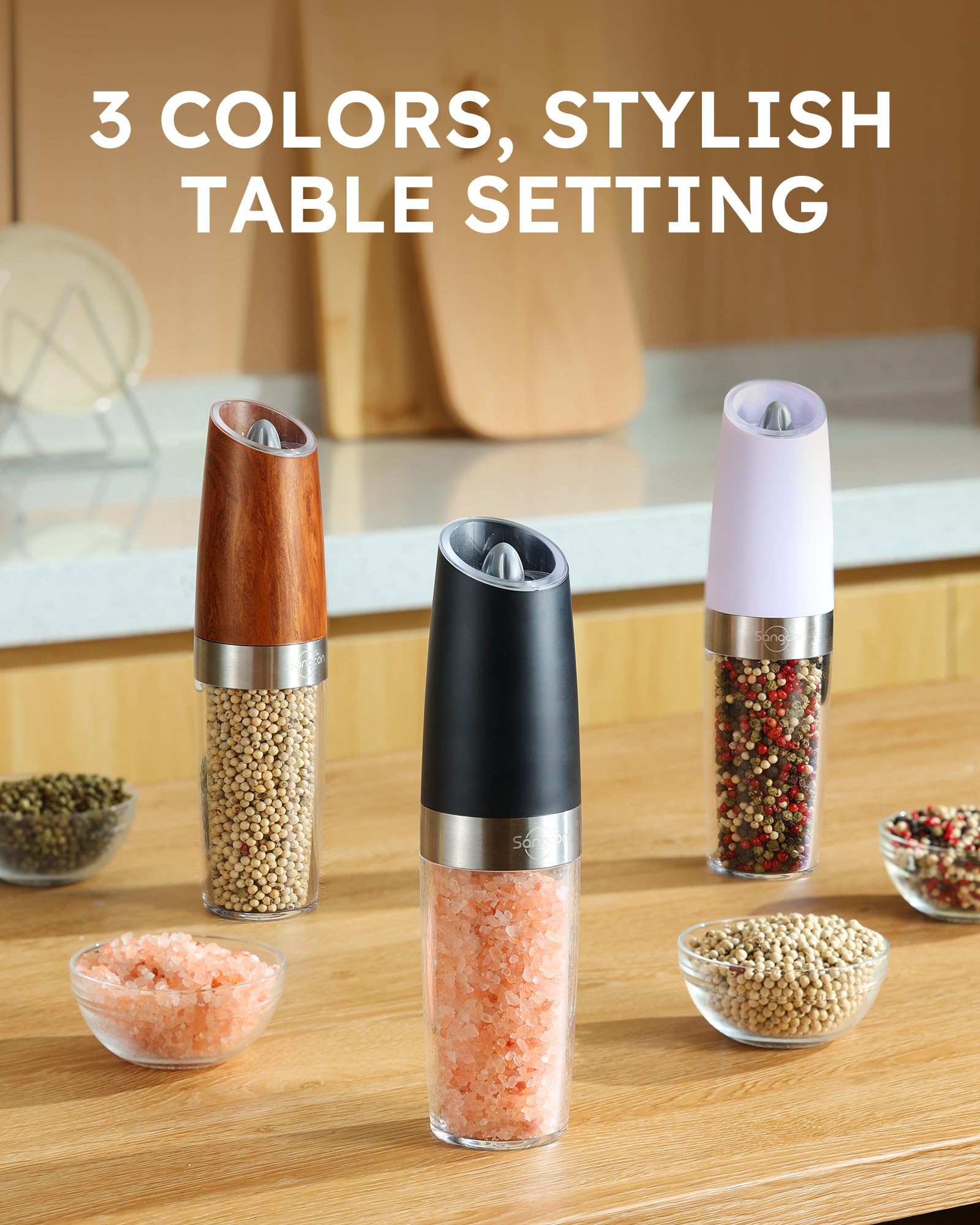 Sangcon Gravity Electric Salt and Pepper Grinder Set Shakers UPGRADED 9OZ XL CAPACITY Battery Powered Refillable Automatic One Hand Operation Adjustable Coarseness Mill Grinder Set for Kitchen