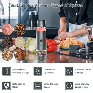 Electric Salt and Pepper Grinder 2 In 1 Duel Heads Grinding, Type-C Rechargeable, One Button Operation & Gravity, Automatic Salt Pepper Mills with Ceramic Grinding Teeth, 5-Precise Grind Settings