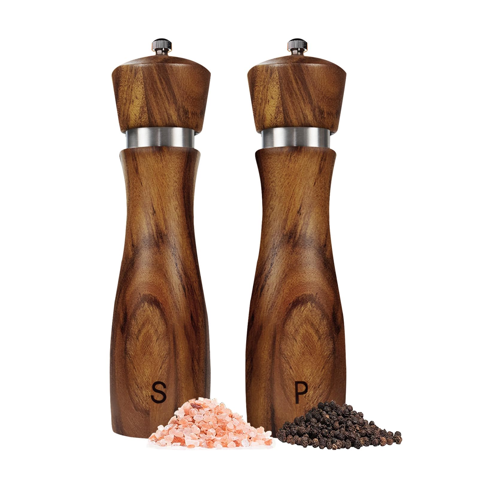 2 Pack Salt and Pepper Grinder Set, Acacia Wood Salt Mill Pepper Grinder with Ceramic/Stainless Steel Core, Modern and Elegant Wooden Salt and Pepper Set