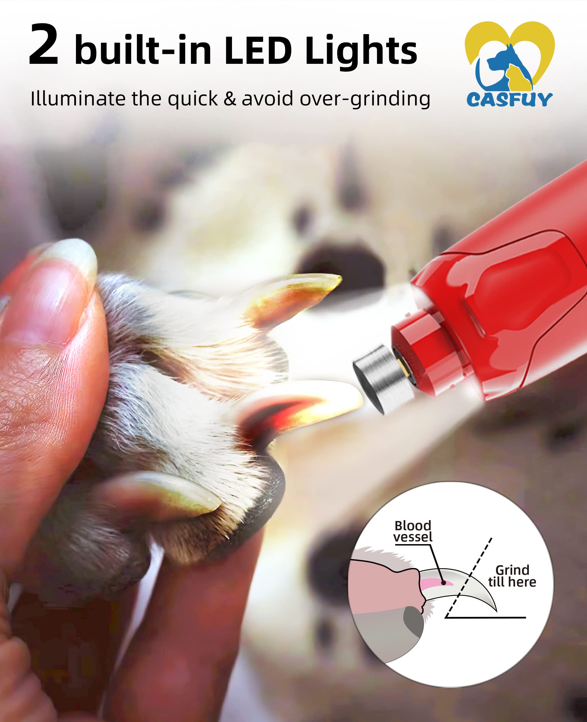 Casfuy Dog Nail Grinder Quiet - (45db) 6-Speed Pet Nail Grinder with 2 LED Lights for Large Medium Small Dogs/Cats, Professional 3 Ports Rechargeable Electric Dog Nail Trimmer with Dust Cap(Red)