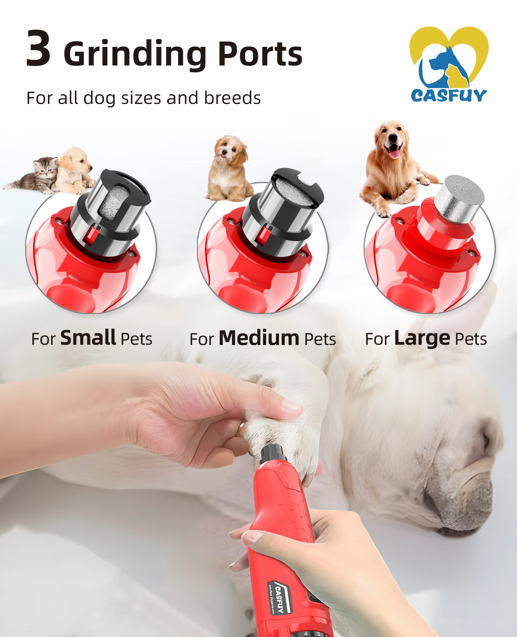 Casfuy Dog Nail Grinder Quiet - (45db) 6-Speed Pet Nail Grinder with 2 LED Lights for Large Medium Small Dogs/Cats, Professional 3 Ports Rechargeable Electric Dog Nail Trimmer with Dust Cap(Red)