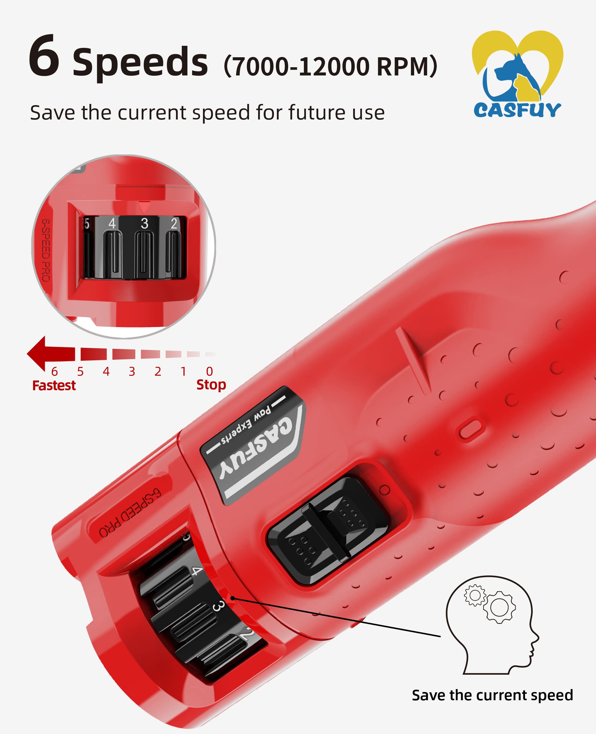 Casfuy Dog Nail Grinder Quiet - (45db) 6-Speed Pet Nail Grinder with 2 LED Lights for Large Medium Small Dogs/Cats, Professional 3 Ports Rechargeable Electric Dog Nail Trimmer with Dust Cap(Red)