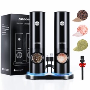 moocoo upgraded electric salt and pepper grinder set with fast rechargeable base & led light, large capacity, adjustable coarseness, automatic one hand operated salt pepper mill grinder refillable