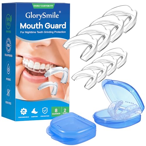 GlorySmile Mouth Guard for Clenching Teeth at Night, Upgraded Night Guards for Teeth Grinding, Pack of 8 Moldable Mouth Guard Stops Bruxism and Teeth Clenching 2 Sizes with Two Travel Cases