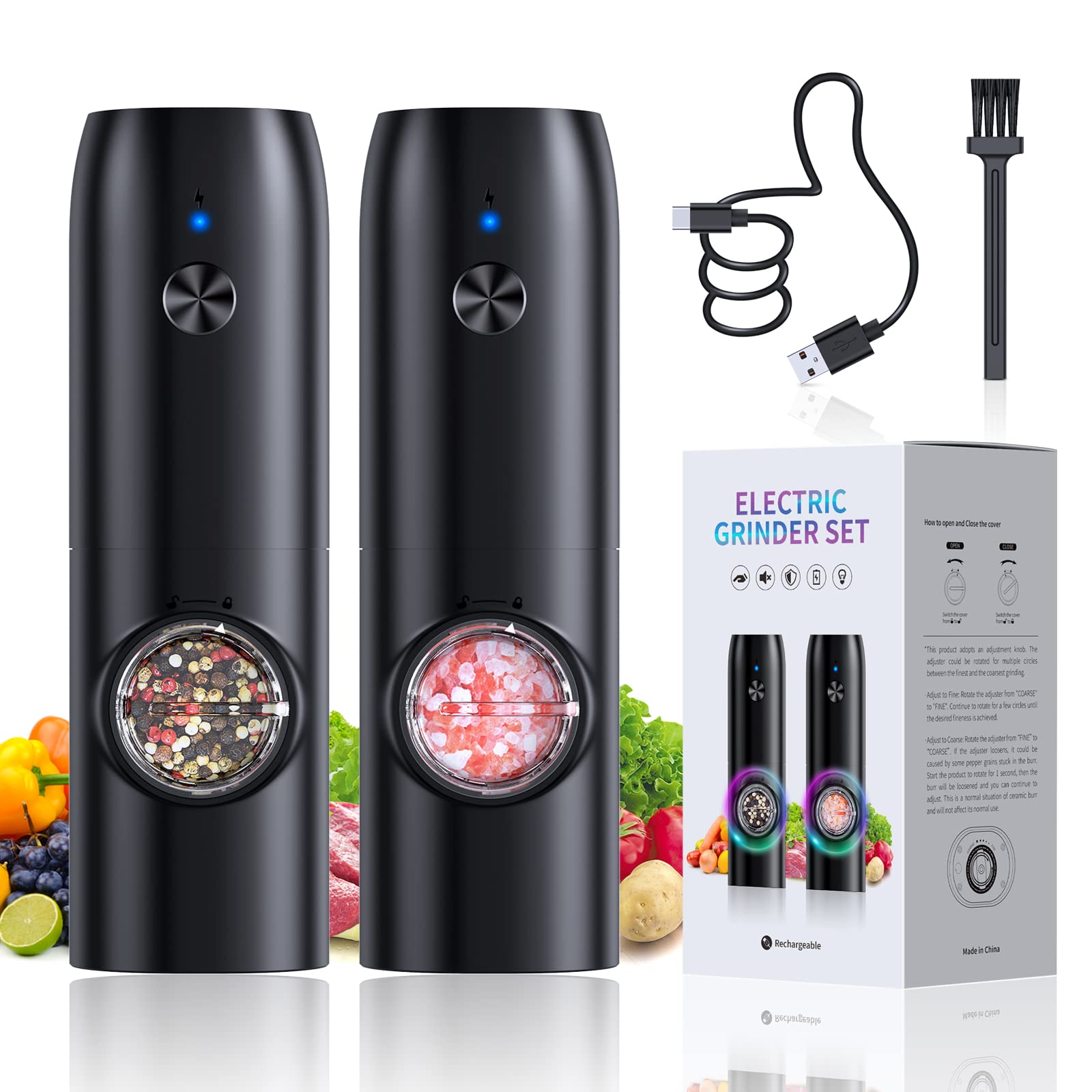 Electric Salt and Pepper Grinder Set - Usb Rechargeable - Automatic Pepper Mill Shaker - Large Capacity - Adjustable Coarseness - Led Light - One Hand Operated, 2 Pack