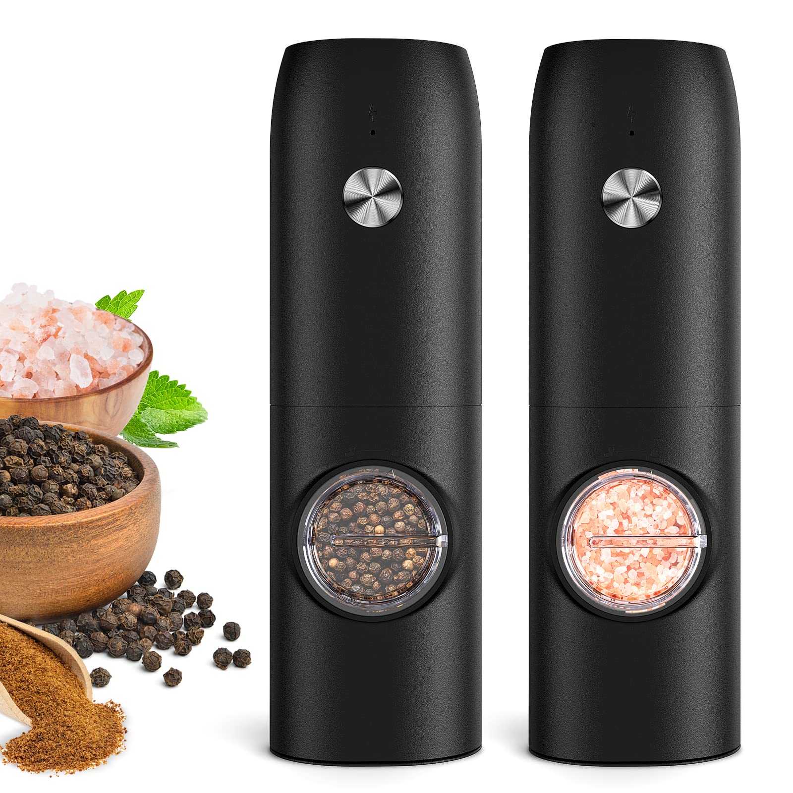 Electric Salt and Pepper Grinder Set (2 Pack), Rechargeable - No Battery Needed - Automatic Salt Pepper Mill Grinder, Adjustable Coarseness, LED Light, One-Hand Operation for Kitchen BBQ