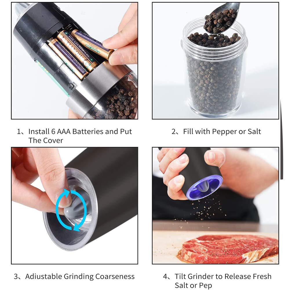 Electric Gravity Salt and Pepper Grinder set of 2, Automatic Salt and Pepper Mill Grinder, Adjustable Roughness, Battery Powered, Blue LED Light, Stainless Steel with One Hand Operation (Black)