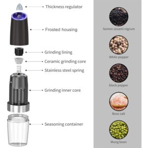 Electric Gravity Salt and Pepper Grinder set of 2, Automatic Salt and Pepper Mill Grinder, Adjustable Roughness, Battery Powered, Blue LED Light, Stainless Steel with One Hand Operation (Black)