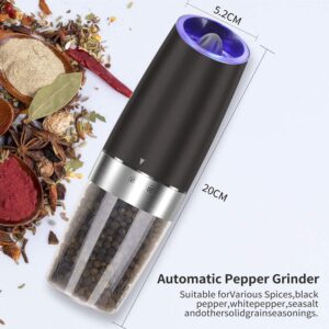Electric Gravity Salt and Pepper Grinder set of 2, Automatic Salt and Pepper Mill Grinder, Adjustable Roughness, Battery Powered, Blue LED Light, Stainless Steel with One Hand Operation (Black)