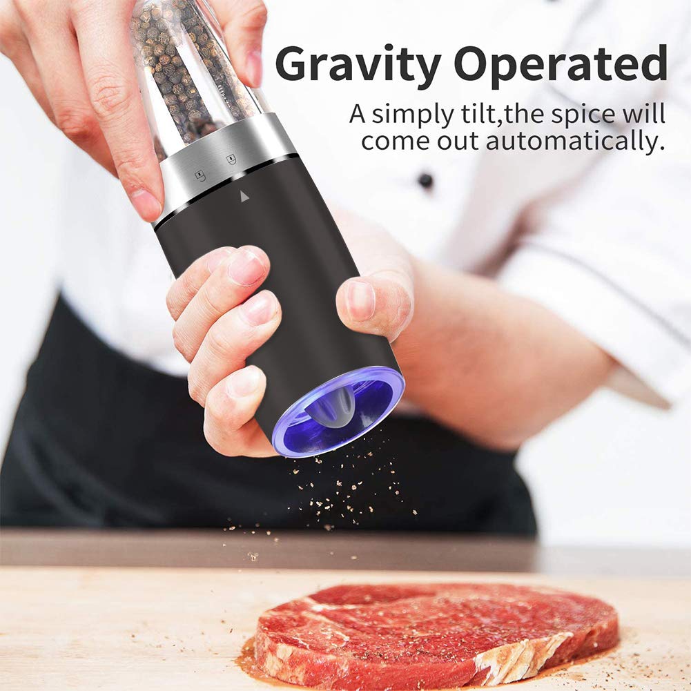 Electric Gravity Salt and Pepper Grinder set of 2, Automatic Salt and Pepper Mill Grinder, Adjustable Roughness, Battery Powered, Blue LED Light, Stainless Steel with One Hand Operation (Black)