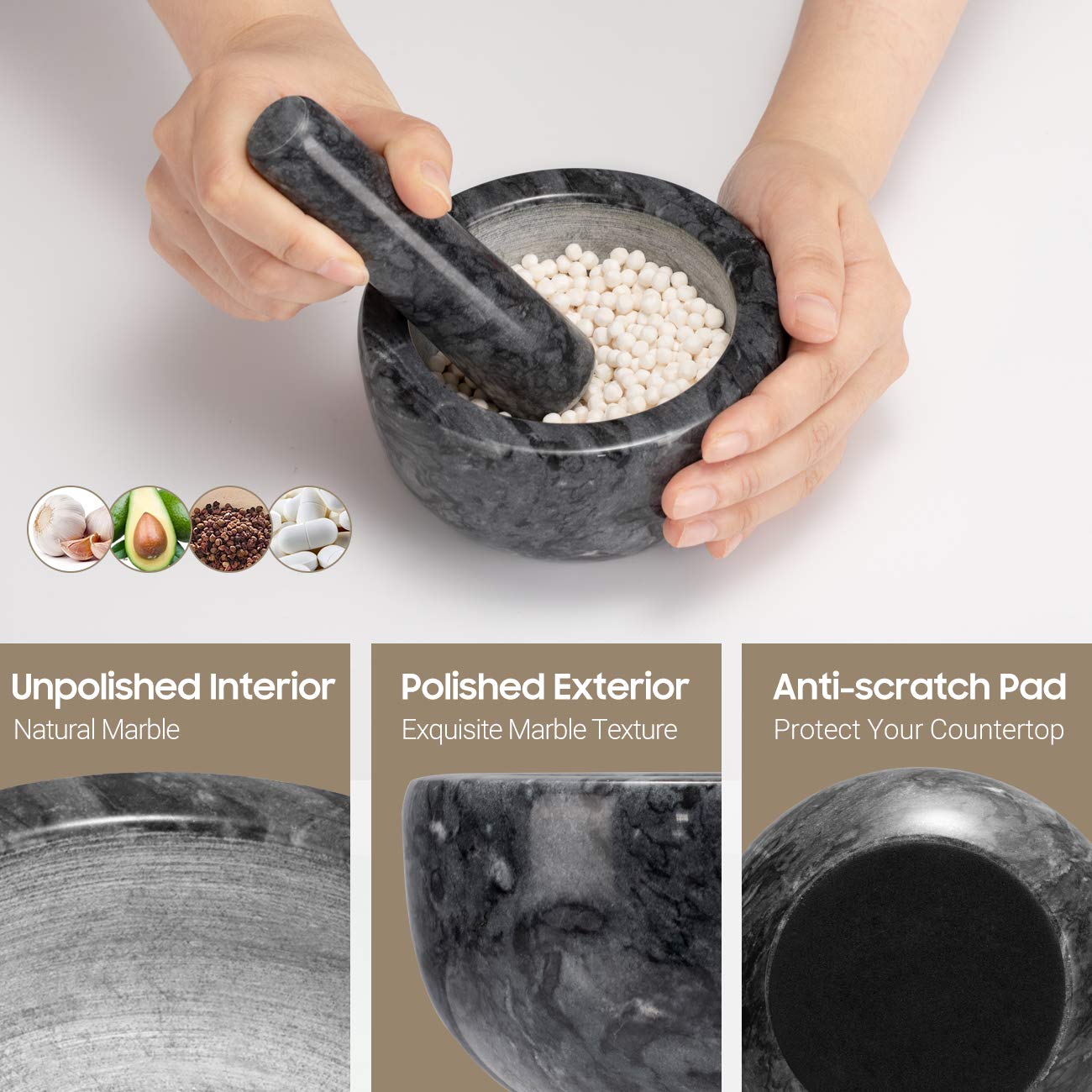 Tera Mortar and Pestle Set Marble Small Bowl Solid Stone Grinder Spice Herb Grinder Pill Crusher (Black, Diameter 4.64")