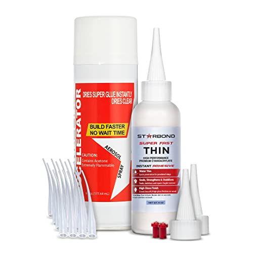 Starbond Super Fast Thin CA Glue (4oz) and Aerosol Accelerator (6oz) Bundle - Water-Thin CA Glue with Activator Bundle (for Woodturning, Pen Turning, Hobby, Stabilizing, Finish, Inlay)