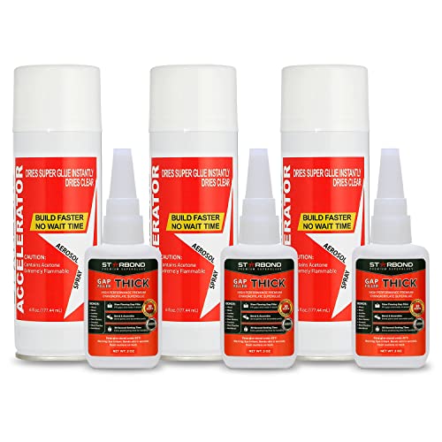 STARBOND Thick CA Glue (3X 2 oz) with Accelerator (3X 6 oz) - Super Craft Glue for Wood, Plastic, Metal, Leather, Ceramic - Cyanoacrylate Glue for Woodworking, Woodturning, Guitar, Hobby