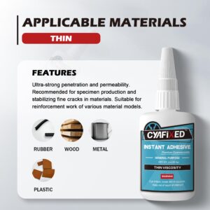 CYAFIXED Strong Cyanoacrylate (CA) Super Glue, Penetration Fast Thin Viscosity Instant Adhesive, 4 oz. (113.6 Grams) - CA Glue for Plastic, Wood, Metal, Hobby Models and Stabilizing Cracks