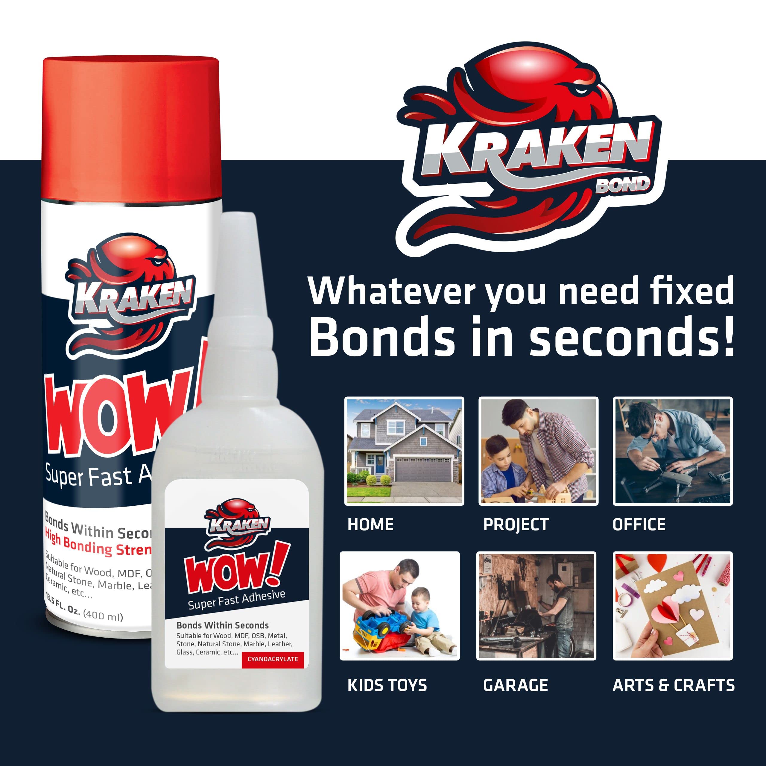 Kraken Bond Wow! CA Glue (3x1.75 oz.) with Spray Adhesive Activator (3x6.75 fl oz.) - Cyanoacrylate Glue, CA Glue with Activator, CA Glue for Woodworking, Crazy Glue, Craft Glue, Fast CA Glue, 3 Pack