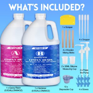 Myqiuf Epoxy Resin Kit, 1 Gallon/128OZ Epoxy Resin Crystal Clear Not Yellowing No Bubble Self Leveling for DIY Molds Wood Jewelry Table Tops Bar Top Casting Coating Crafts Supplies Easy Mix 1:1 Ratio