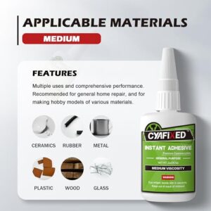 CYAFIXED Strong Cyanoacrylate (CA) Super Glue, All-Purpose Medium Viscosity Instant Adhesive, 1 oz. (28.3 Grams) - CA Glue for General Home Repair, Ceramics, Plastics, Metal, Wood