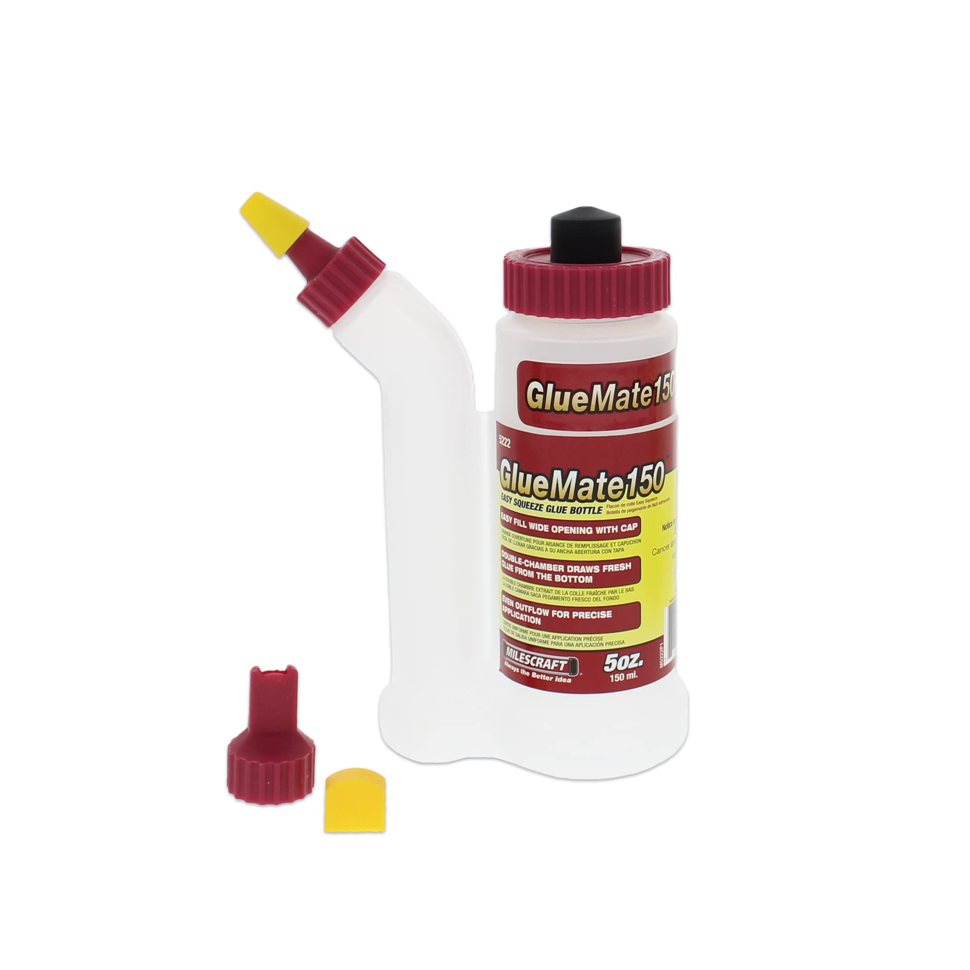 Milescraft 5222 Glue Mate 150-5oz. (150ml) Precision Wood Glue Bottle - Anti-Drip - Dowel and Biscuit Tips Included - Easy Flow Multi-Chamber Design - Ideal for Woodworking